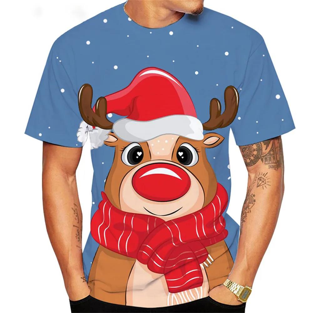 Xr 01 Christmas Elk 3D Print T Shirt For Men X'mas Harajuku Streetwear Fashion O-neck Short Sleeve Tops New Year Gift Oversized T-shirts 3XL