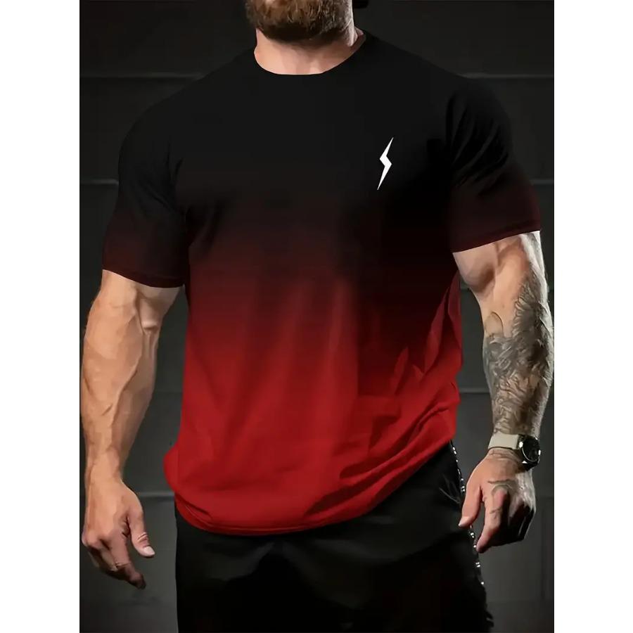 HerSight Summer Fashion Crew Neck Short Sleeve T-Shirt - Vibrant Thunder Graphic Print, Gradient Color, Soft, Daily Casual Leisure Top for Men 4XL rood