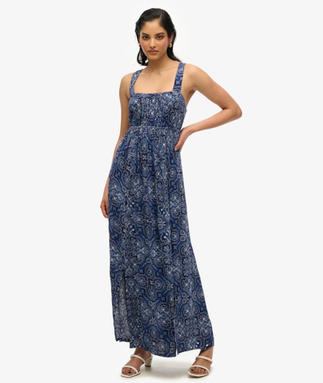 Superdry Bedrukte Maxi-jurk met Strik aan de Achterkant Blauw