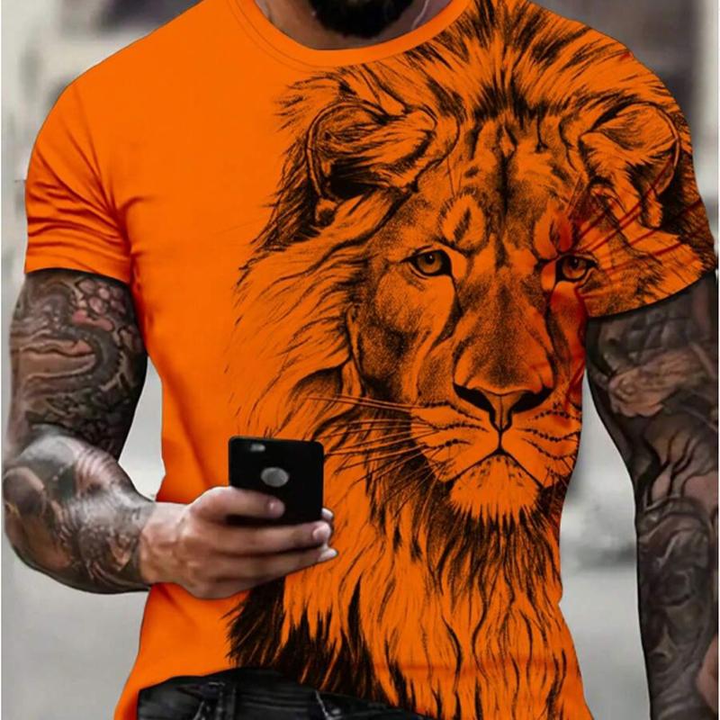 Happy Show Nieuw Zomer Heren Mode T-shirt Dieren Leeuw Bedrukt Heren T-shirt Top S oranje