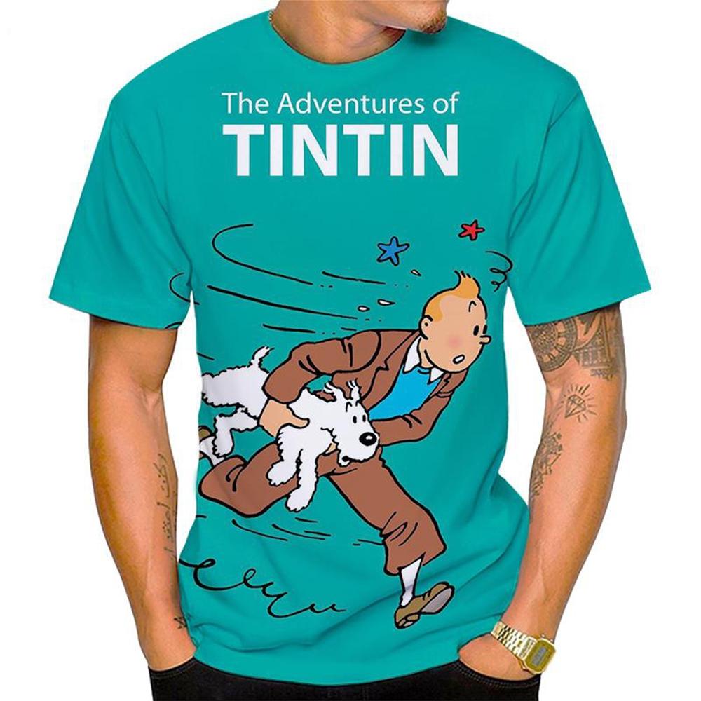 WowClassic Zomer Ronde Hals 3D Cartoon 'De Avonturen van Kuifje' Grafische Print Top Modieuze Casual Korte Mouw Heren T-shirts L