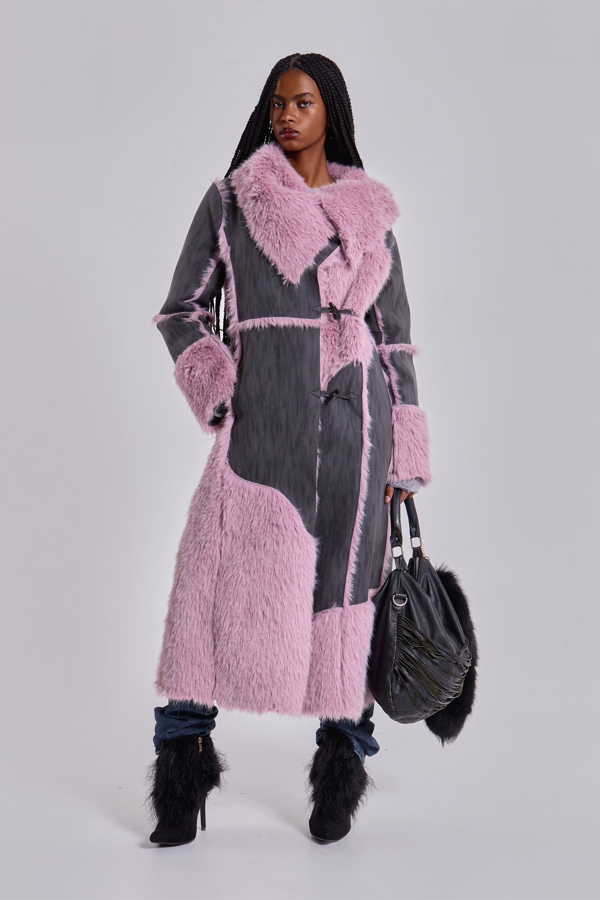Jaded London Alise Patchwork Faux Suede and Fur Maxi Coat