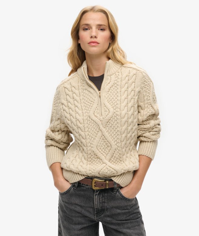 Superdry Gebreide Aran-kabeltrui met Halve Rits Crème
