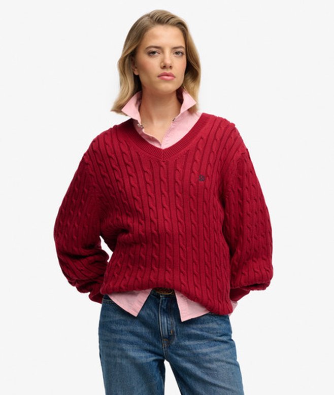 Superdry Oversized V-hals Kabeltrui Red