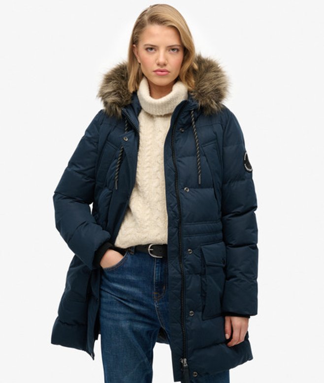 Superdry Everest Microfibre Mid Faux Fur Pufferjas Blauw