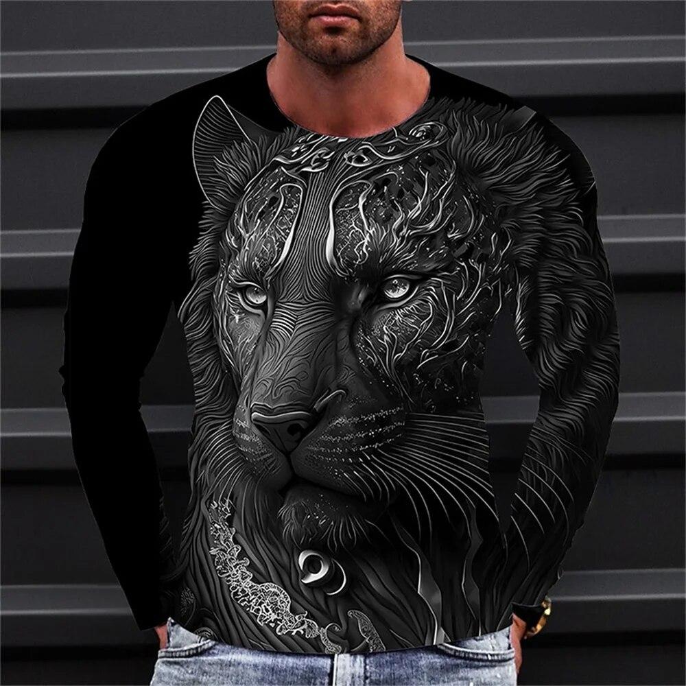 Nihao Herfst Plus Size T-shirt Herenkleding Heren T-shirt 3D Dierenprint O-hals Lange Mouw Top Casual Straat Vintage T-shirt 5XL