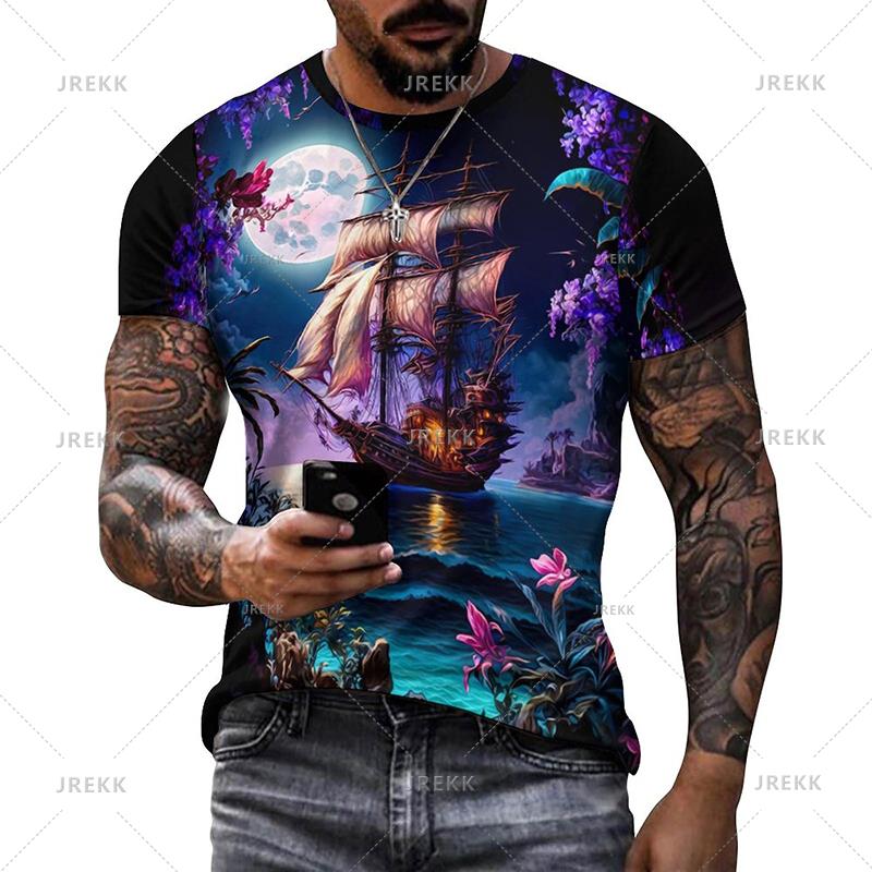 ETST 05 Zomer Heren T-shirts Casual Los T-shirt Zeilboot Piratenschip 3D Geprint O-Hals Korte Mouw T-shirt Homme Oversized Kwaliteit XL