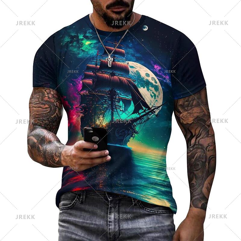 ETST 05 Zomer Heren T-shirts Casual Los T-shirt Zeilboot Piratenschip 3D Geprint O-Hals Korte Mouw T-shirt Homme Oversized Kwaliteit 5XL