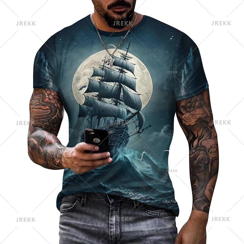 ETST 05 Zomer Heren T-shirts Casual Los T-shirt Zeilboot Piratenschip 3D Geprint O-Hals Korte Mouw T-shirt Homme Oversized Kwaliteit 3XL