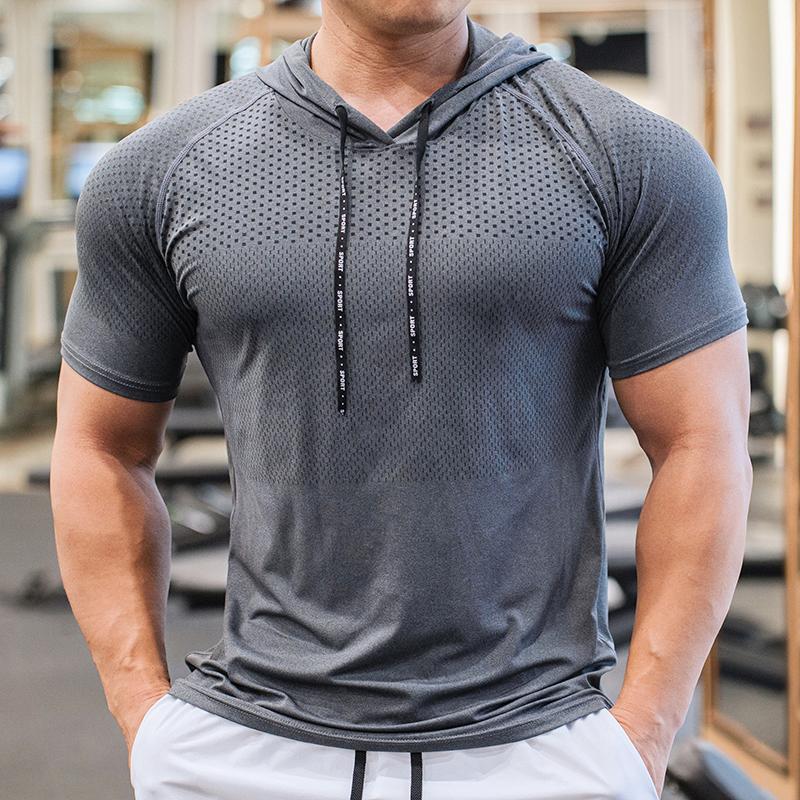 Shedao Pro Fitness Sporting Heren Hardloop Hoodies Bodybuilding Sport Hooded Korte Mouw Gyms Fitness Kleding Spier Shirt Sneldrogend Trainings T-shirt L