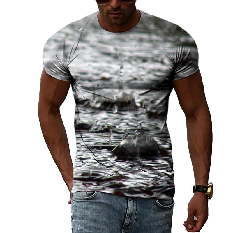 Kukebang Raindrop Creative Pattern Heren 3D Geprint T-shirt Mode Casual Persoonlijkheid Natuurlijk Landschap Crew Oversized Hals Korte Mouw Top XL