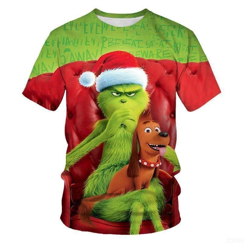 Huiteng Nieuw 2025 Kerst Cartoon Groen Fur Monster 3D Geprint Heren Korte Mouw Grinch L