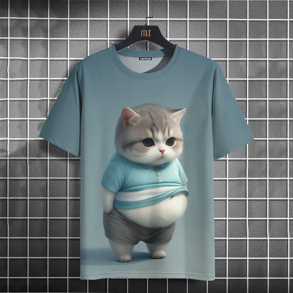 Etst 003 Heren T-shirt Animal Fat Cat Print T-shirt L