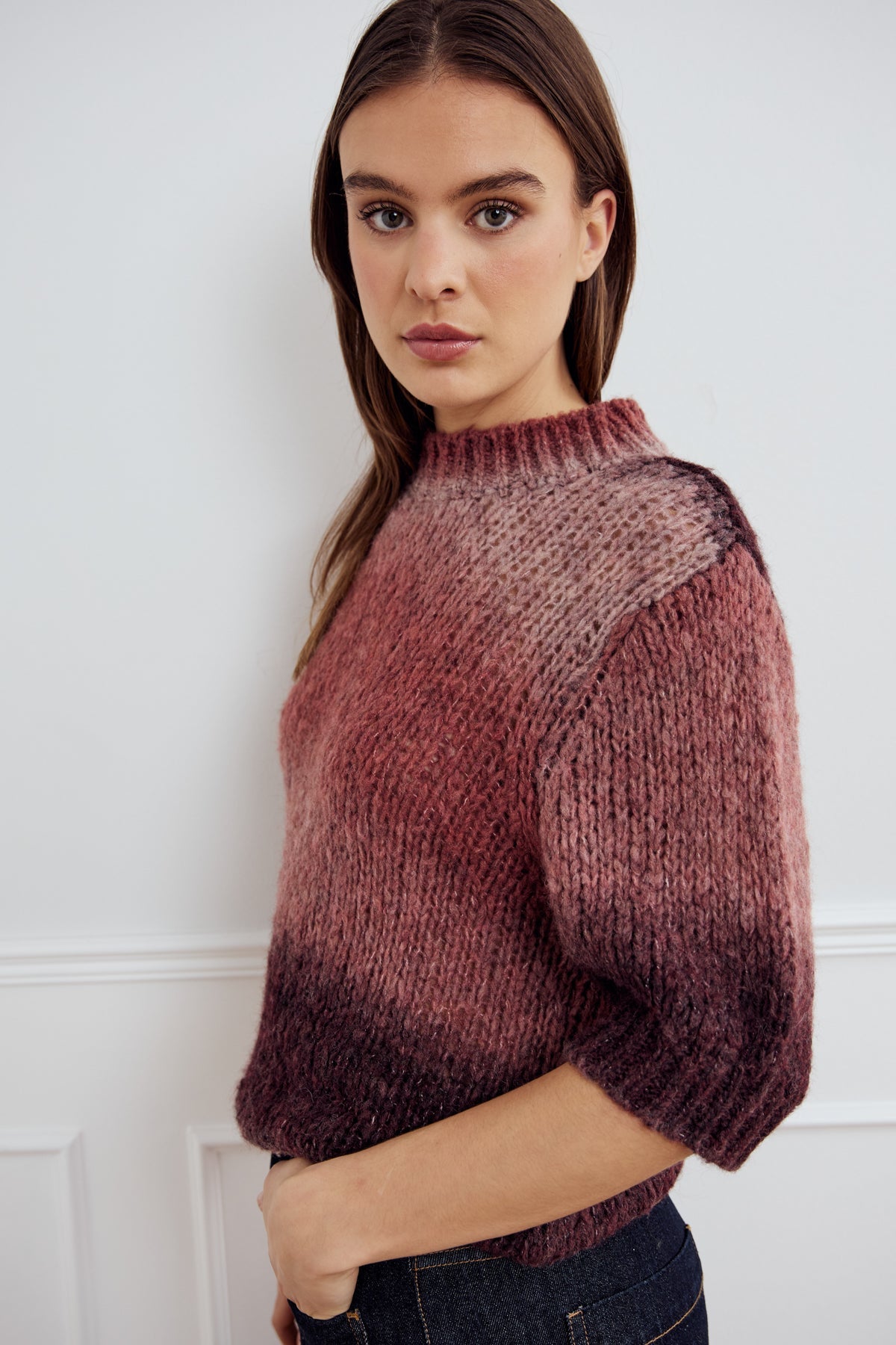Noella Leana Knit Top Brown Red Combo
