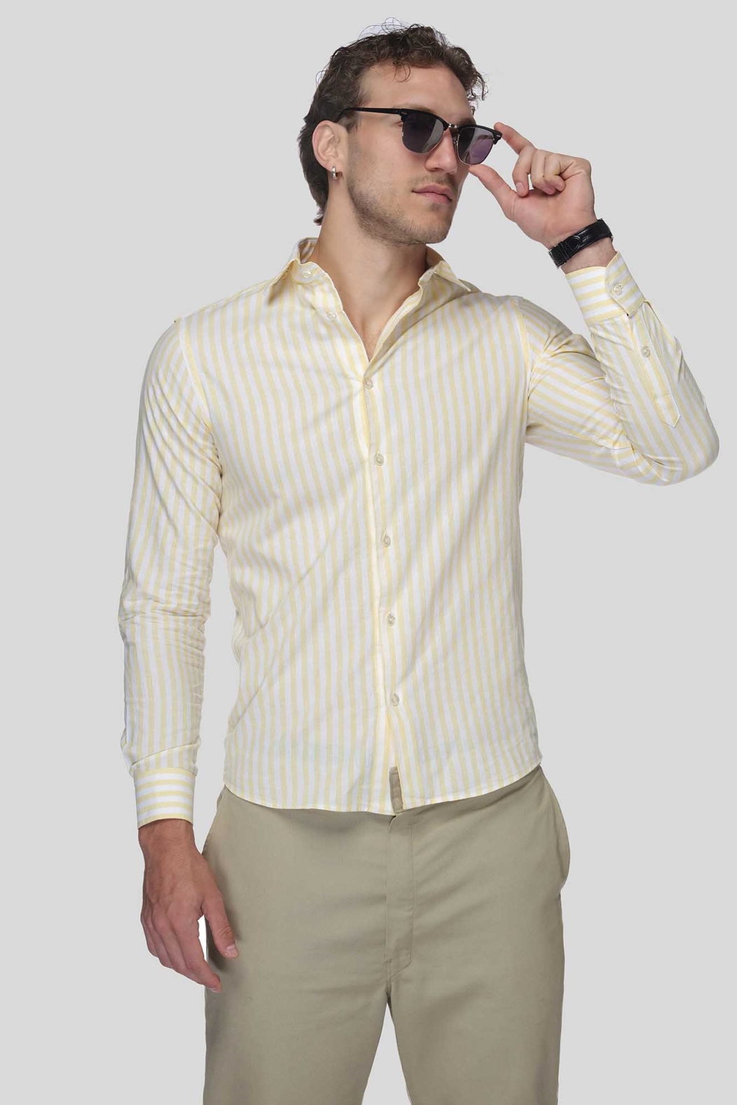 De IONESCU Herren vegan Hemd Cernauti WeiÃŸ/Gelb Gestreift