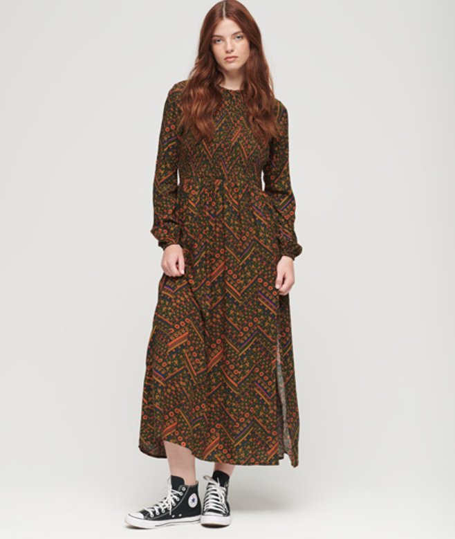 Superdry Gesmokte Maxi-jurk met Print Groen