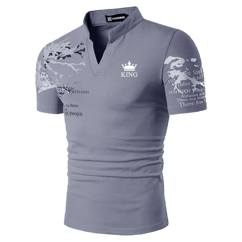 Haodingfushi Heren zomer T-shirt met korte mouwen en staande hals, heren zomer slank T-shirt XL grijs