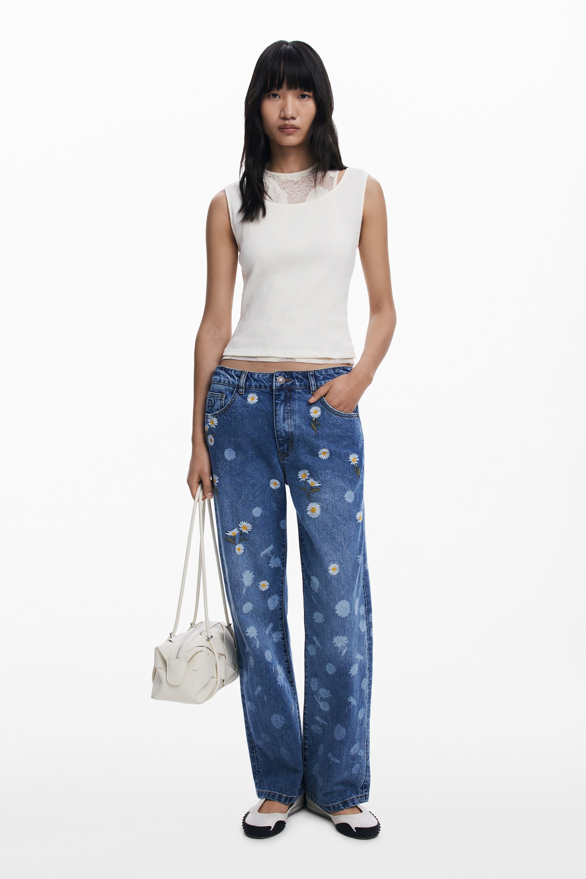 Desigual Rechte jeans met margrieten - BLUE