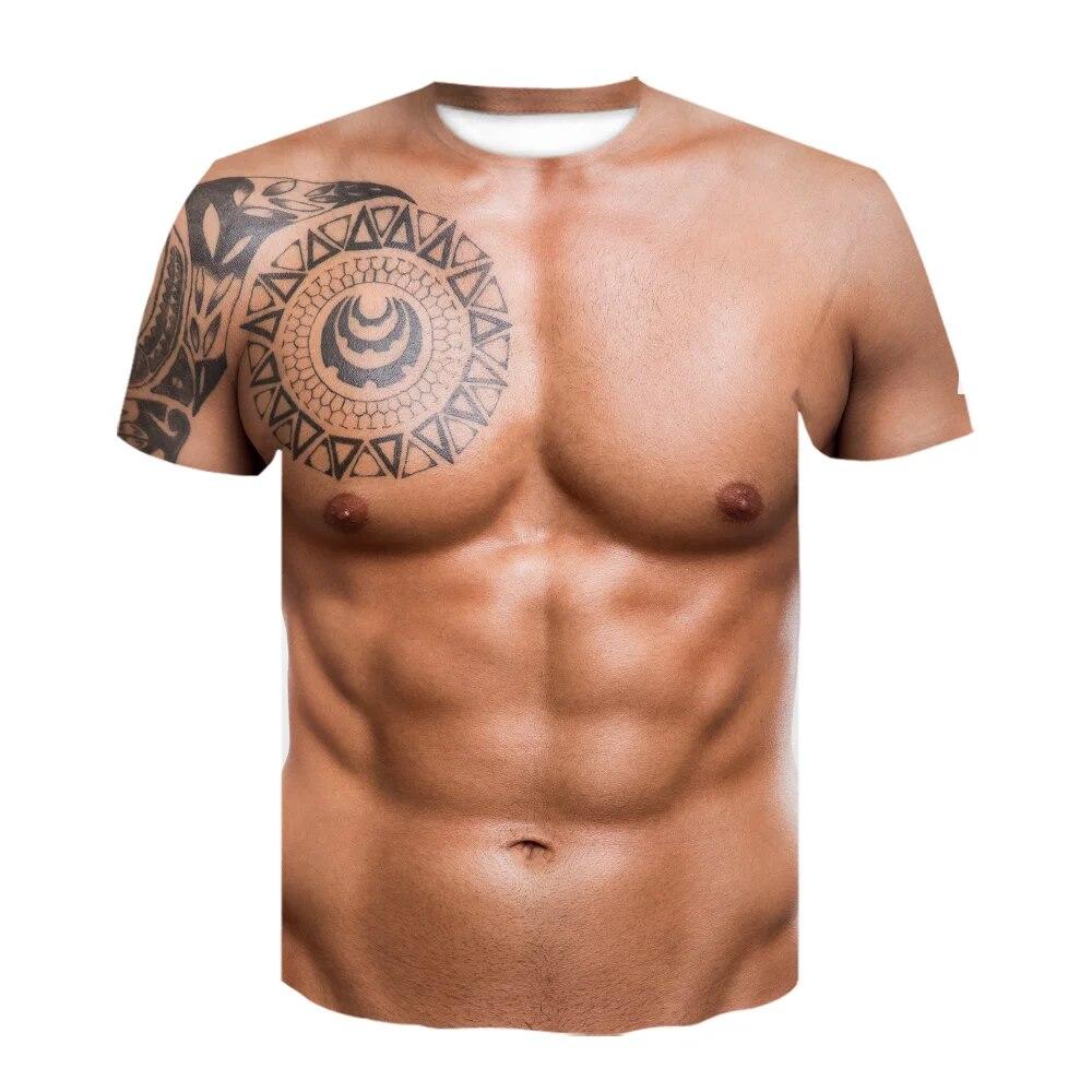 Chengyu Mode Grappige Zes-pack Abs Spier Tatoeages T-shirt voor Mannen Ronde Hals Korte Mouw Tees Cool streetwear 3D Gedrukte t-shirt L