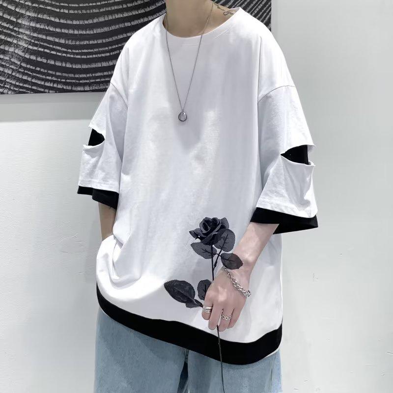 Got Now Men's Trendy Summer Fake Two-Piece T-Shirt with Five-Point Sleeves - Loose Fit, Hong Kong Style L wit