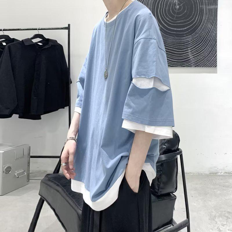 Got Now Men's Trendy Summer Fake Two-Piece T-Shirt with Five-Point Sleeves - Loose Fit, Hong Kong Style XXL blauw