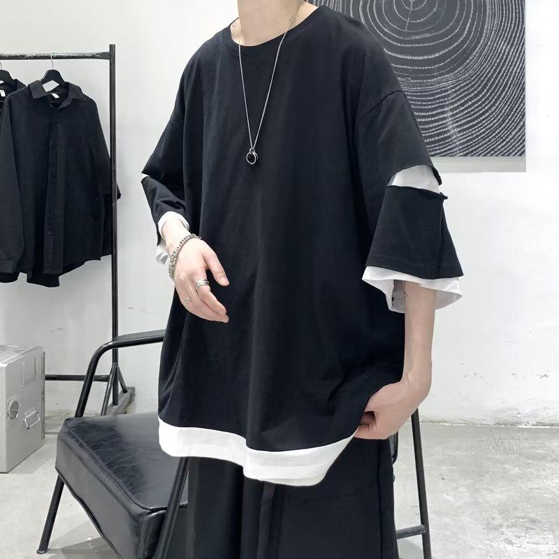 Got Now Men's Trendy Summer Fake Two-Piece T-Shirt with Five-Point Sleeves - Loose Fit, Hong Kong Style XXL zwart