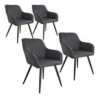 tectake 4er Set Stuhl, gepolstert, in Leinenoptik, schwarze Stahlbeine, 58 x 62 x 82 cm