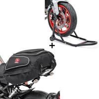 ConStands Set: Montageständer Vorderrad Motorradständer vorne + Hecktasche X50 Gepäcktasche hinten 50Ltr in schwarz