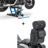 ConStands Set: Hebebühne Mid L für Harley und Chopper -680 kg blau + Sissybar Tasche SXL Hecktasche mit Gepäckrolle in schwarz