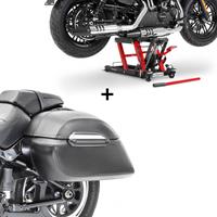 Craftride Set: Seitenkoffer Set K3 mit Träger Satteltaschen + Hebebühne Lift L für Harley und Chopper -680 kg rot