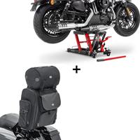 ConStands Set: Hebebühne Lift L für Harley und Chopper -680 kg rot + Sissybar Tasche SXL Hecktasche mit Gepäckrolle in schwarz