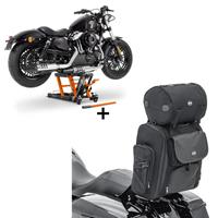 ConStands Set: Hebebühne Mid L für Harley und Chopper bis 680kg og + Sissybar Tasche SXL Hecktasche mit Gepäckrolle in schwarz