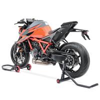 ConStands Set: Einarm Montageständer für KTM 1290 Super Duke/ R 14-21 hinten vorne + Spanngurt Set Zurrgurte 150cm 2 Stück in schwarz