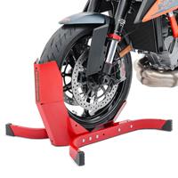 ConStands Set: Motorradwippe Easy-Plus Motorradständer bis 21 Zoll rot + Montageständer Hinterrad Universal-Racing