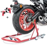 ConStands Set: Rangierhilfe Montageständer Hinterrad Mover 1 universal rot + Montageständer Vorderrad mit gummierten Aufnahmen Motorradheber vorne