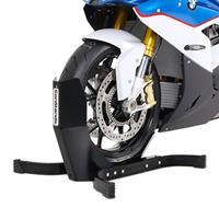 ConStands Set: Motorradwippe Easy-Plus Motorradständer bis 21 Zoll schwarz-matt + Montageständer Vorderrad Classic-V Motorradständer mit V-Aufnahmen