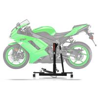 ConStands Set: Zentralständer Kawasaki ZX-6R 03-06 Motorradheber Power-Evo + Werkstatthocker mit Rollen WS3 Werkstattstuhl schwarz