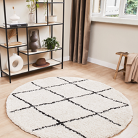 Lifa Living Rond hoogpolig tapijt, Grafisch modern kleed, Zwart/wit minimalistisch kleed, Ø 140cm