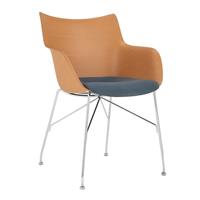 Kartell Q/Wood Soft Armstoel - Licht hout - Chroom / Stofblauw