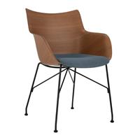 Kartell Q/Wood Soft Armstoel - Donker hout - Zwart / Stofblauw