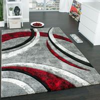 PACO HOME Designer Teppich mit Konturenschnitt Muster Gestreift Grau Schwarz Rot Meliert