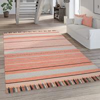 Paco Home Vloerkleed Kilim 213 Handgeweven vloerkleed, platweefsel, puur katoen, met de hand geweven, multicolour gestreept, met franje, ideaal in de woonkamer & slaapkamer