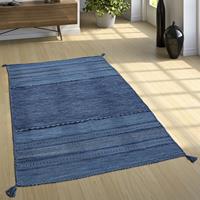 PACO HOME Designer Teppich Webteppich Kelim Handgewebt 100% Baumwolle Modern Gemustert Blau 160x220 cm