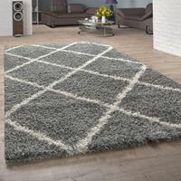 PACO HOME Hochflor Teppich Wohnzimmer Shaggy Skandi Modernes Rauten Muster Grau Creme 200 cm Quadrat