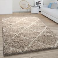 PACO HOME Hochflor Teppich Wohnzimmer Shaggy Skandinavisches Rauten Muster Modern In Beige Ø 120 cm Rund