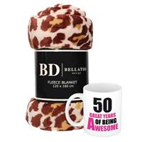 Bellatio Cadeau verjaardag 50 jaar/ Sarah vrouw - Fleece plaid/deken panter print met 50 great years awesome mok