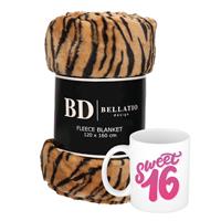 Bellatio Cadeau verjaardag 16 jarige/ Sweet 16 set - Fleece plaid/deken tijger print met Sweet 16 mok