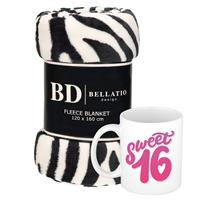 Bellatio Cadeau verjaardag 16 jarige/ Sweet 16 set - Fleece plaid/deken zebra print met Sweet 16 mok