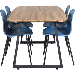 Hioshop IncaNABL eethoek eetkamertafel udtræksbord længde cm 160 / 200 el hout decor en 4 Arctic eetkamerstal blauw, zwart.