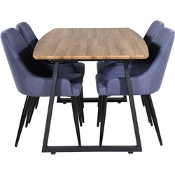 Hioshop IncaNABL eethoek eetkamertafel udtræksbord længde cm 160 / 200 el hout decor en 4 Plaza eetkamerstal blauw, zwart.
